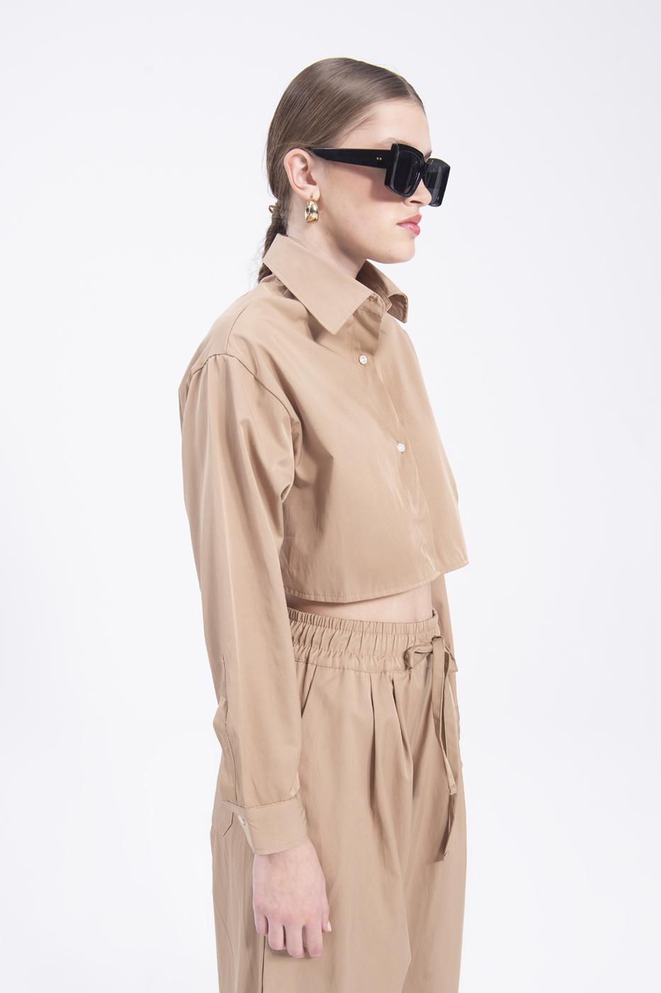 Bayan Bej Crop Gömlek