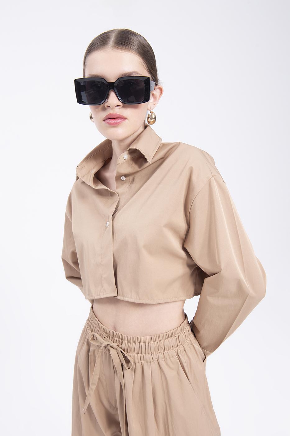 Bayan Bej Crop Gömlek