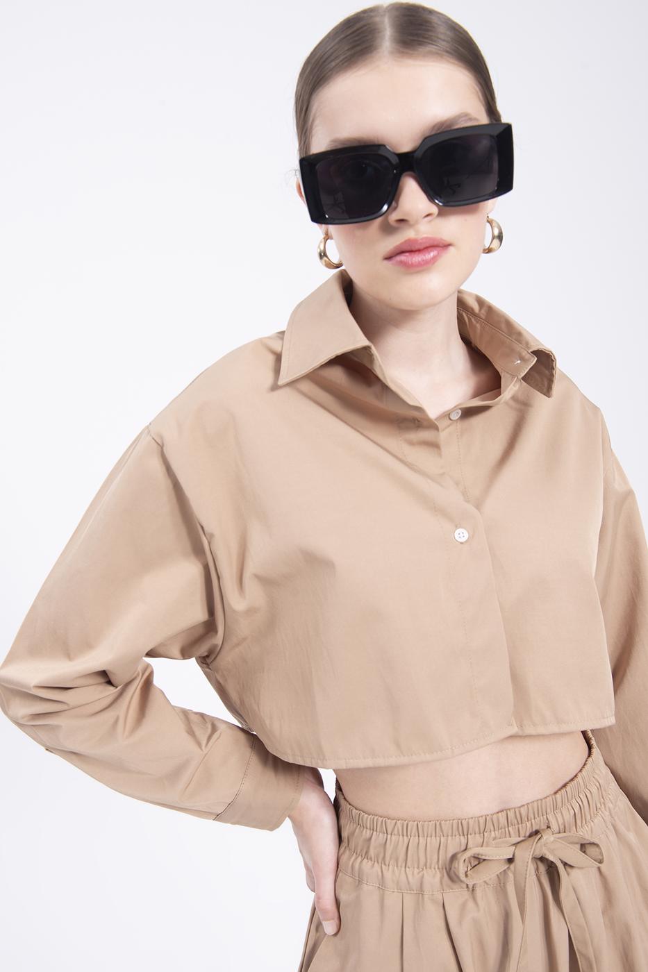 Bayan Bej Crop Gömlek