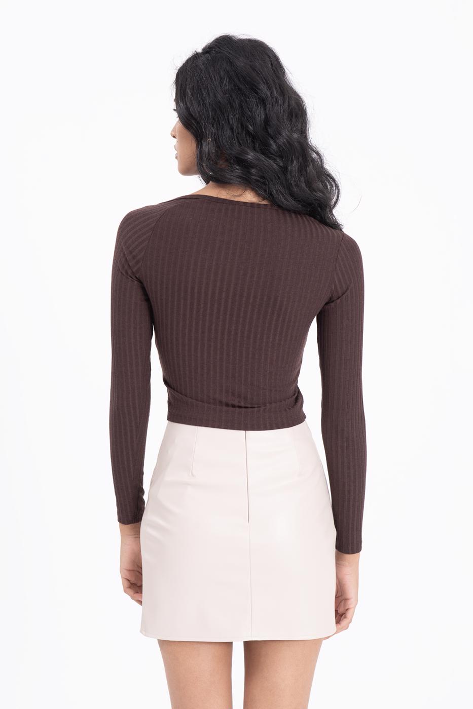 Bayan Kahverengi Asimetrik Yaka Detaylı Crop Top