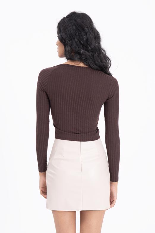 Bayan Kahverengi Asimetrik Yaka Detaylı Crop Top - BSL