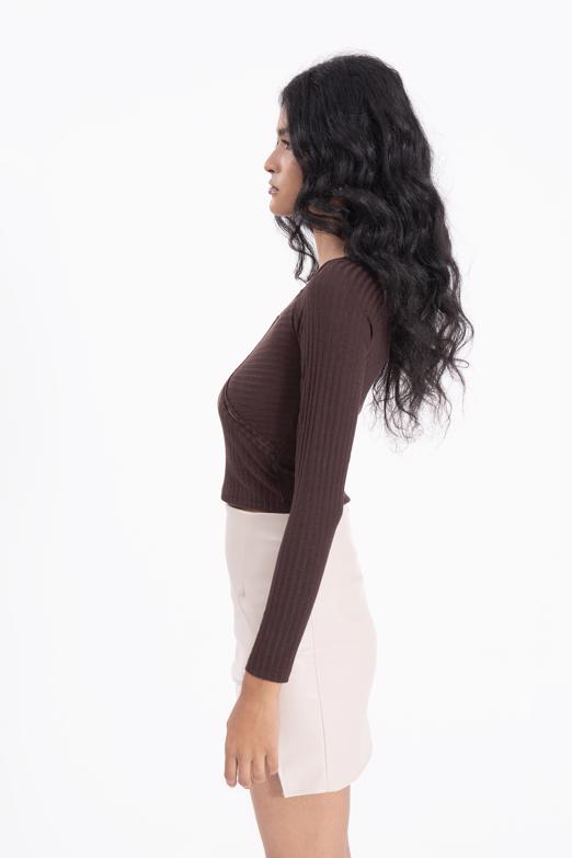 Bayan Kahverengi Asimetrik Yaka Detaylı Crop Top - BSL