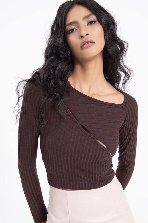 Bayan Kahverengi Asimetrik Yaka Detaylı Crop Top - BSL