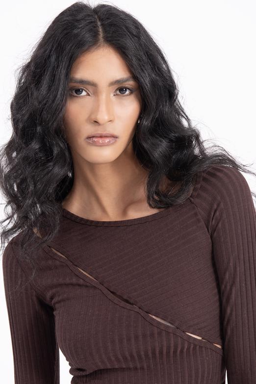 Bayan Kahverengi Asimetrik Yaka Detaylı Crop Top - BSL