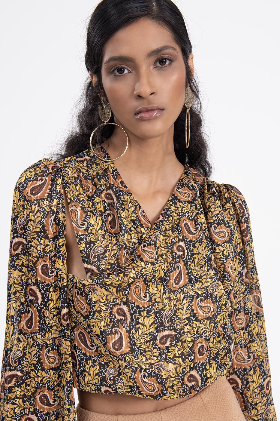 Bayan Sarı Balon Kollu Şifon Bluz