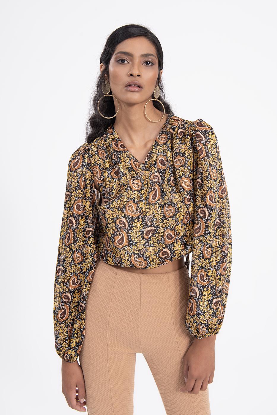 Bayan Sarı Balon Kollu Şifon Bluz