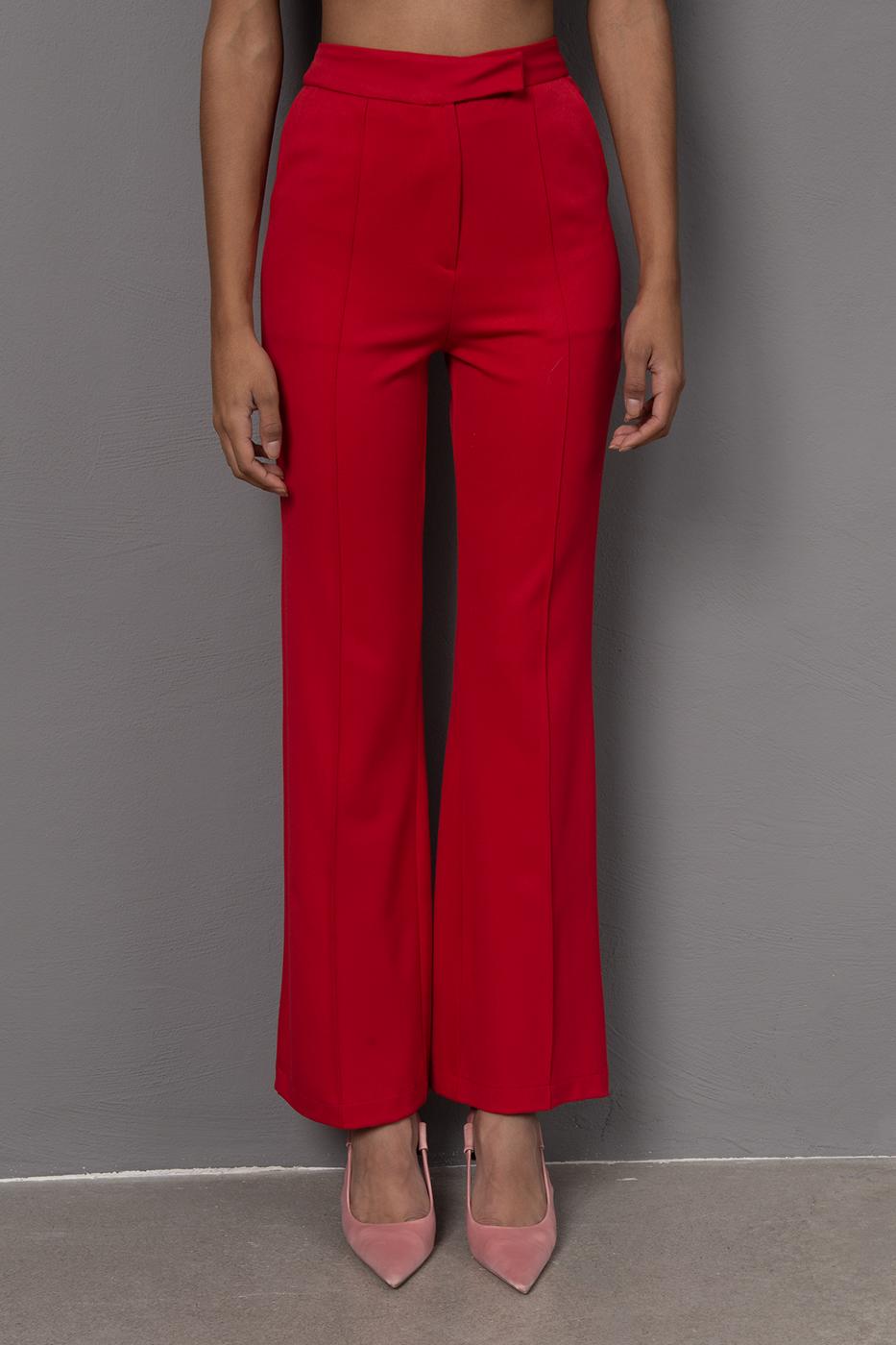 Bayan Kırmızı Yüksek Bel Boru Paça Pantolon