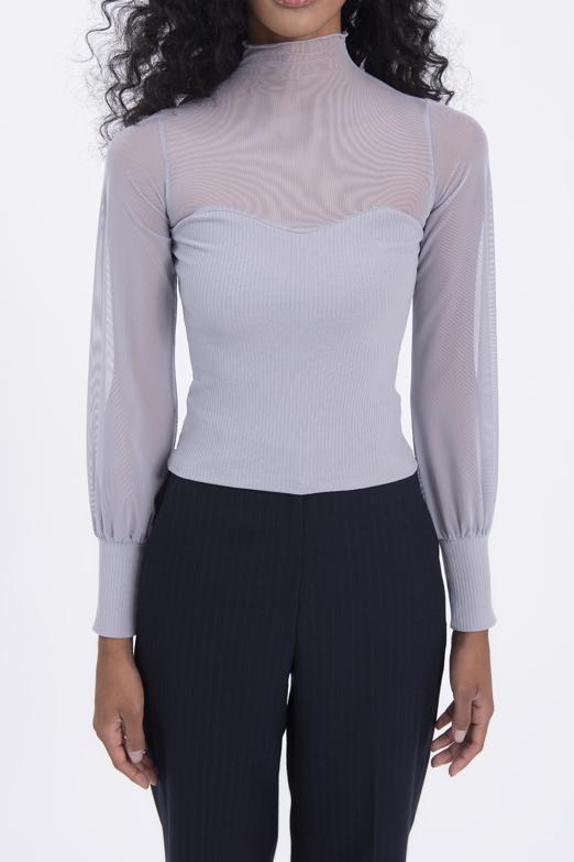 Bayan Gri Balon Kollu Transparan Detaylı Bluz - BSL