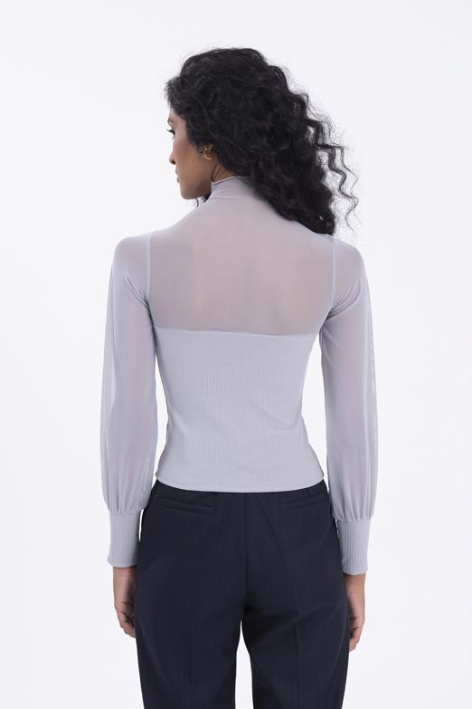 Bayan Gri Balon Kollu Transparan Detaylı Bluz - BSL