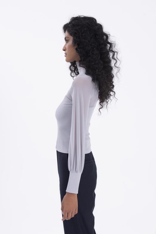 Bayan Gri Balon Kollu Transparan Detaylı Bluz - BSL