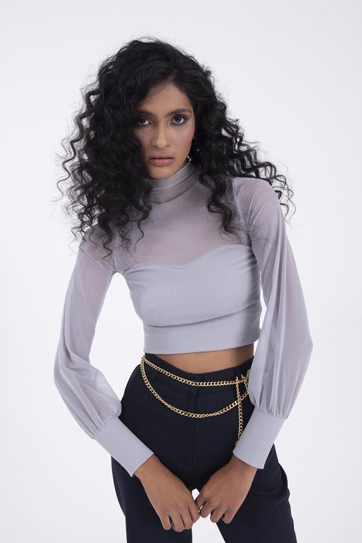 Bayan Gri Balon Kollu Transparan Detaylı Bluz - BSL