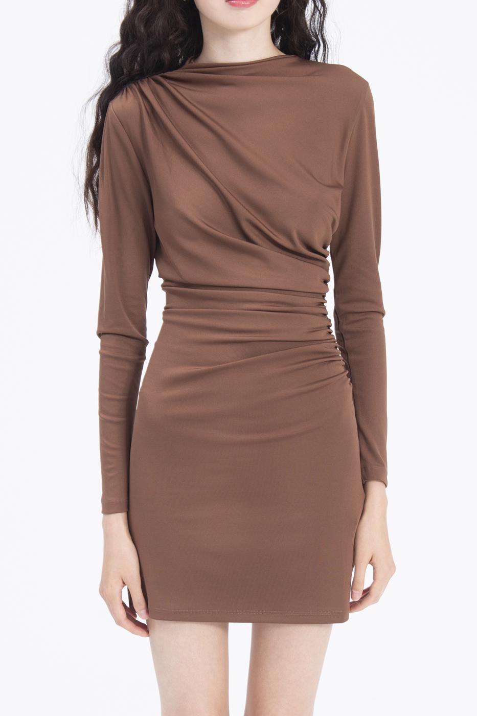 Bayan Kahverengi Drapeli Mini Elbise