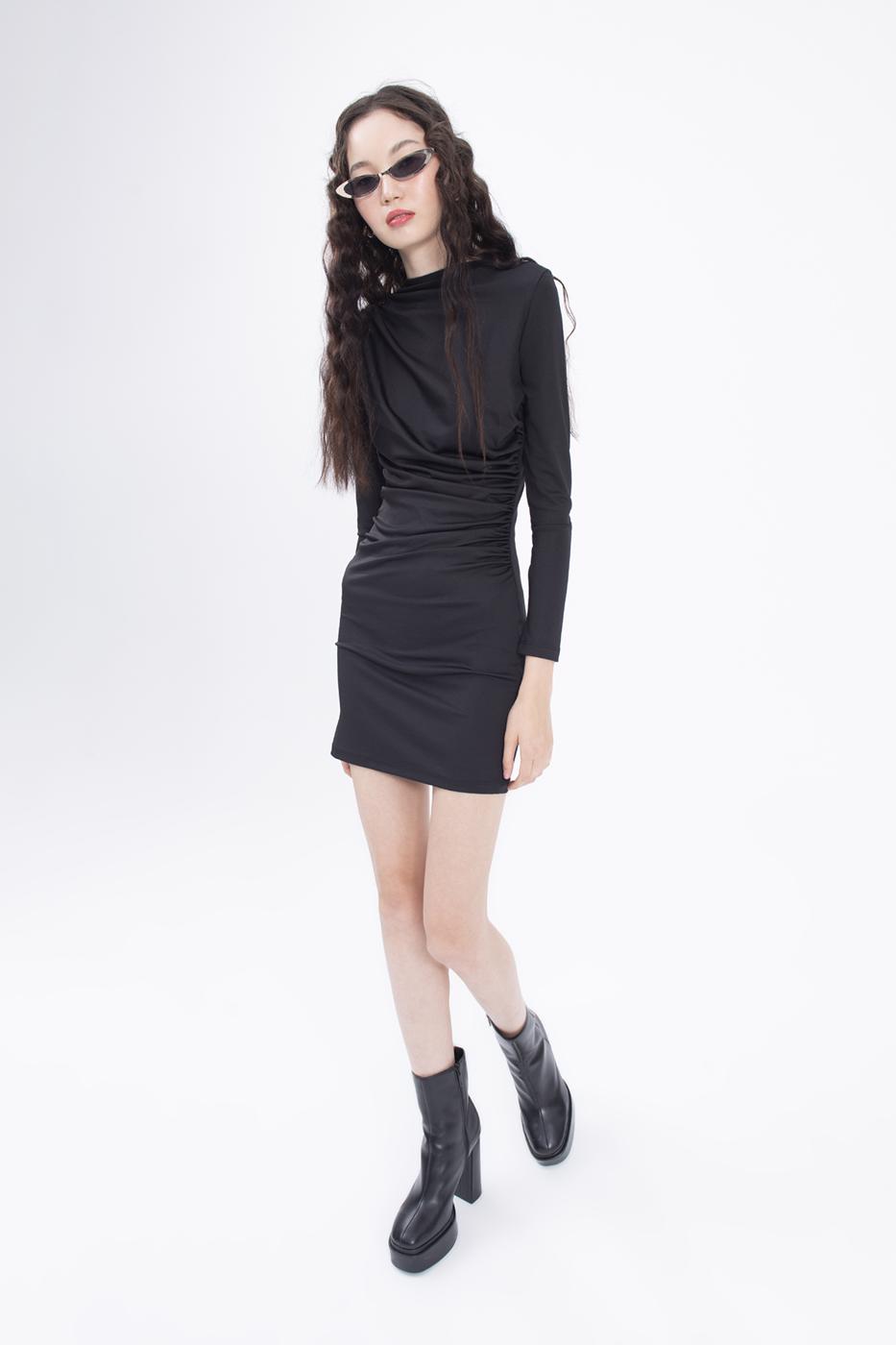 Bayan Siyah Drapeli Mini Elbise