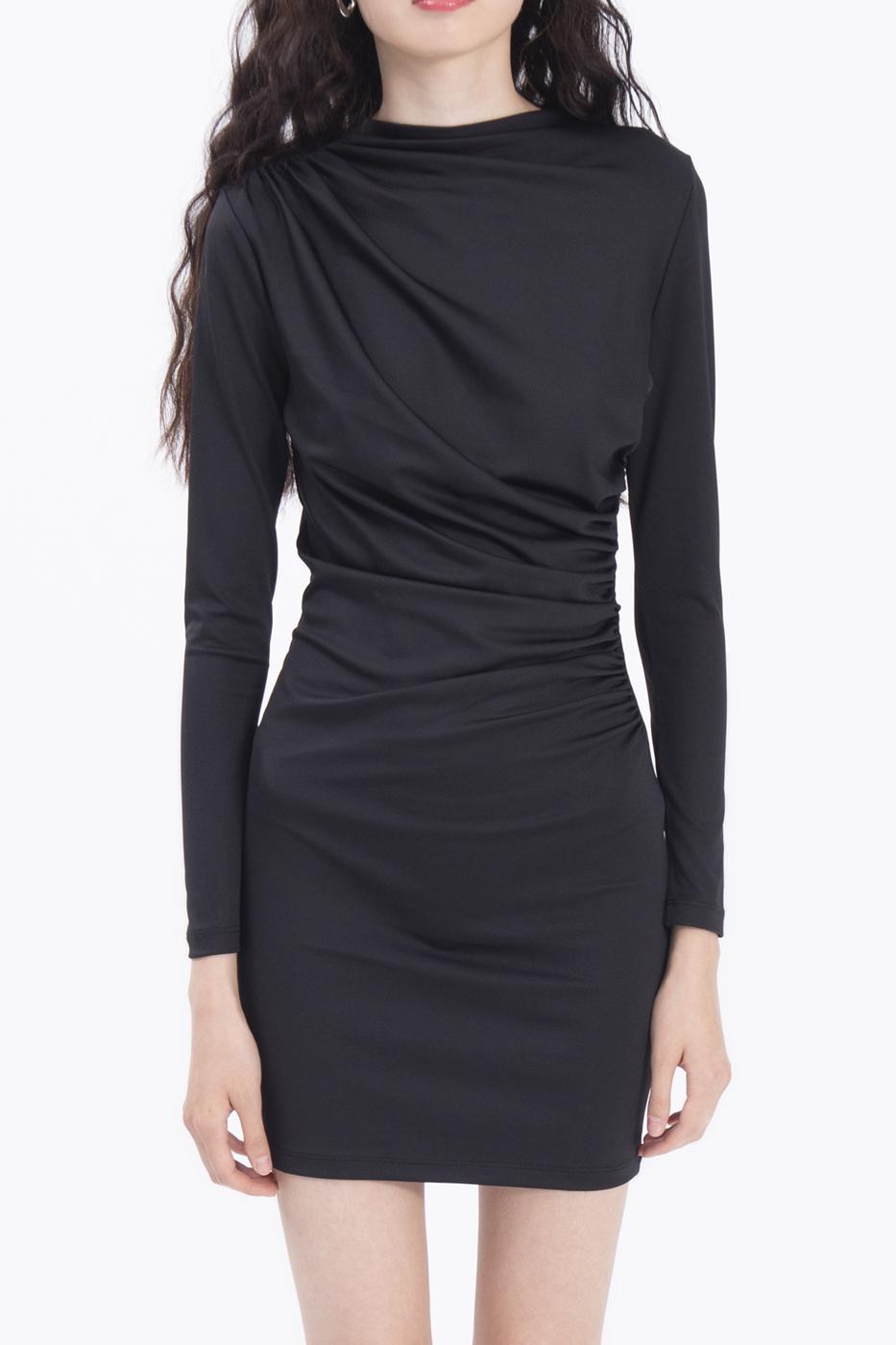 Bayan Siyah Drapeli Mini Elbise
