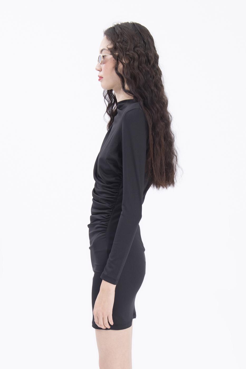 Bayan Siyah Drapeli Mini Elbise