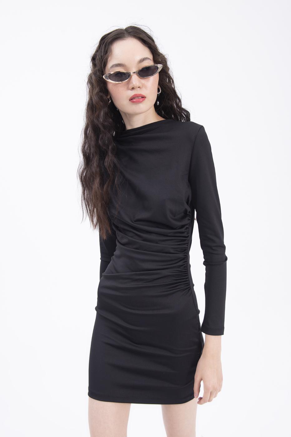 Bayan Siyah Drapeli Mini Elbise