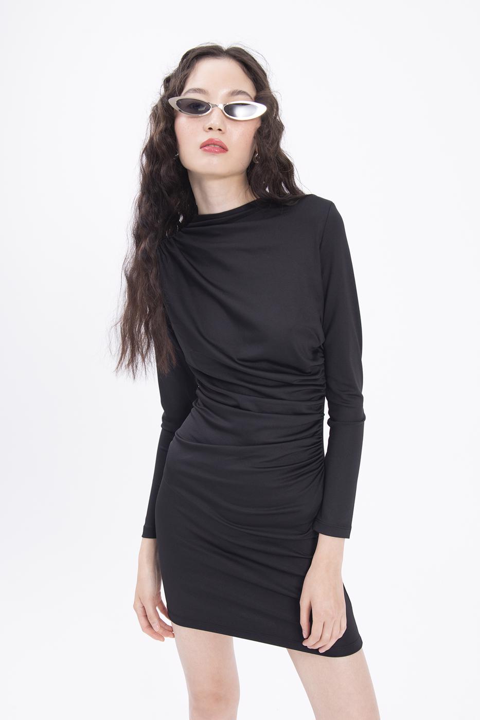 Bayan Siyah Drapeli Mini Elbise