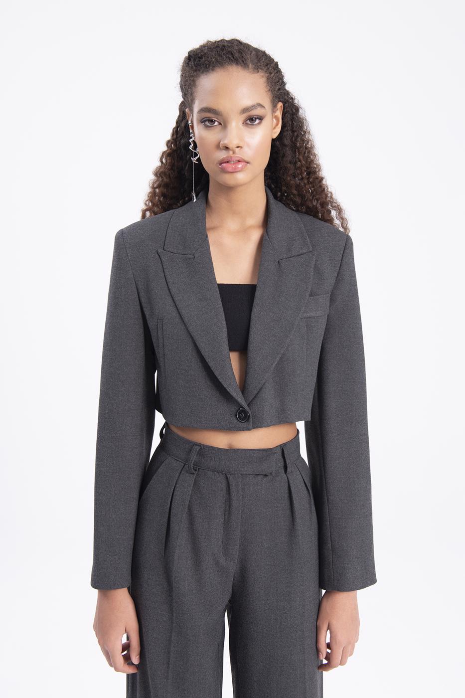 Bayan Antrasit Tek Düğme Crop Ceket