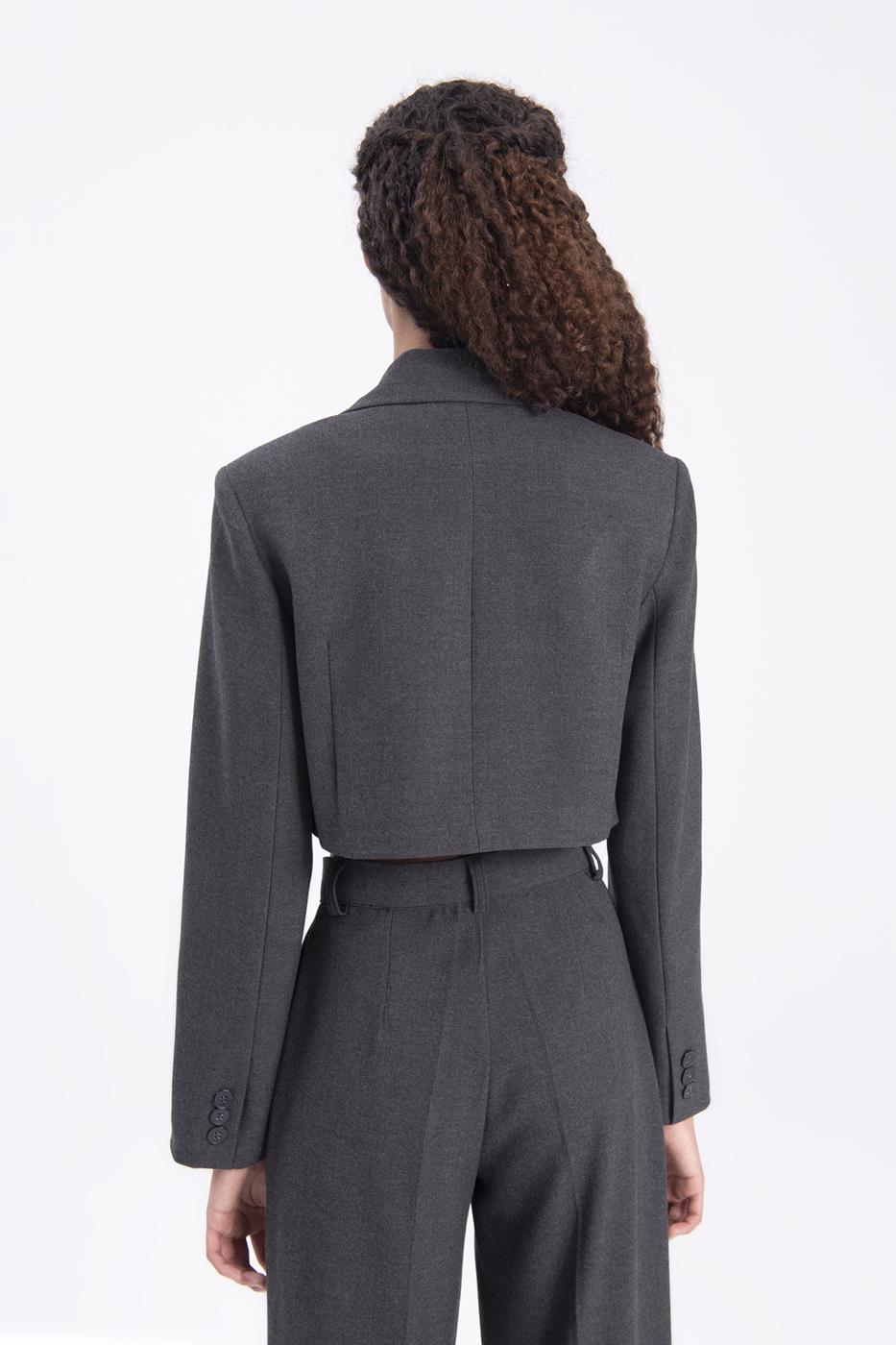 Bayan Antrasit Tek Düğme Crop Ceket