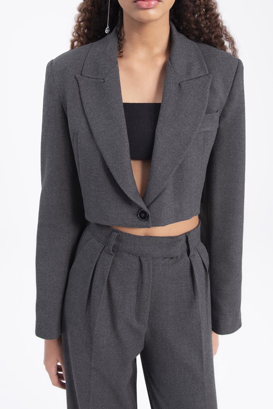 Bayan Antrasit Tek Düğme Crop Ceket