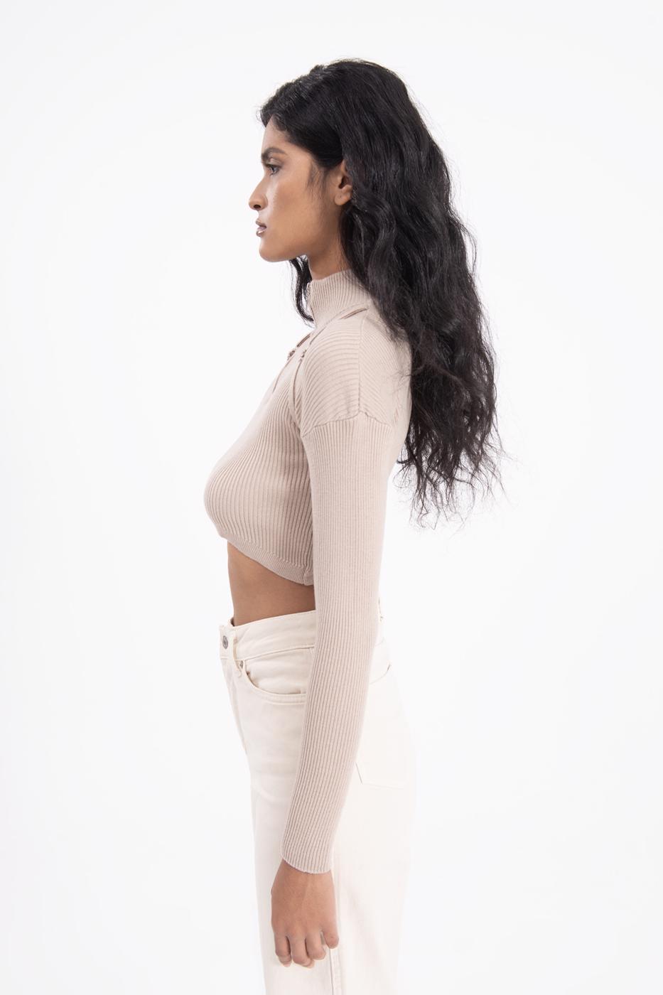 Bayan Bej Dik Yakalı Triko Crop Top