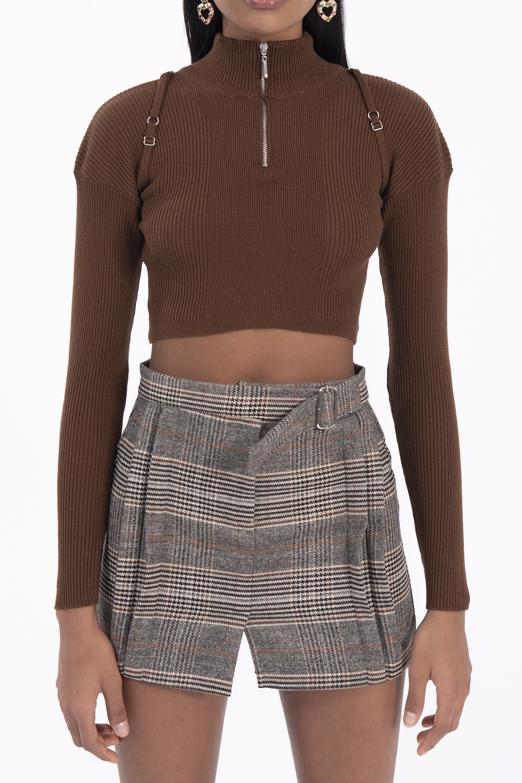 Bayan Kahverengi Dik Yakalı Triko Crop Top - BSL