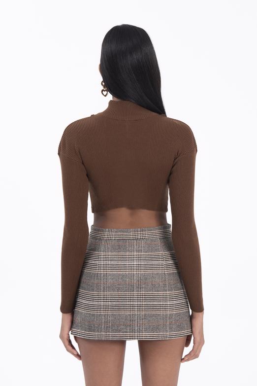 Bayan Kahverengi Dik Yakalı Triko Crop Top - BSL