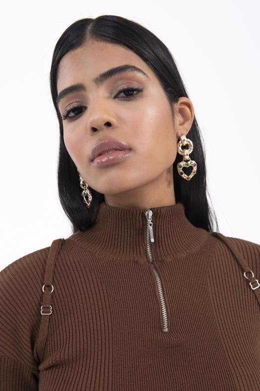 Bayan Kahverengi Dik Yakalı Triko Crop Top - BSL