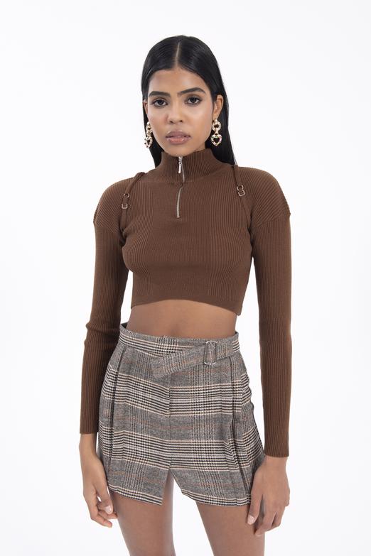 Bayan Kahverengi Dik Yakalı Triko Crop Top - BSL