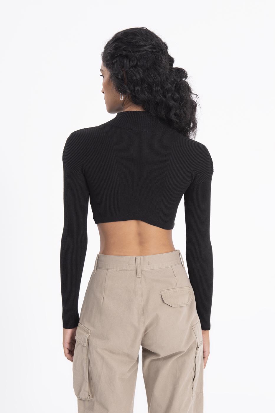 Bayan Siyah Dik Yakalı Triko Crop Top