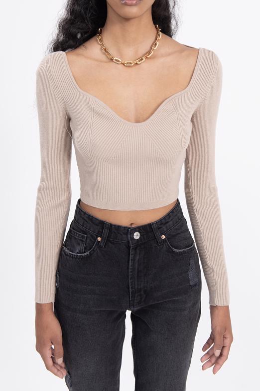 Bayan Bej Göğüs Dekolteli Triko Crop Top - BSL