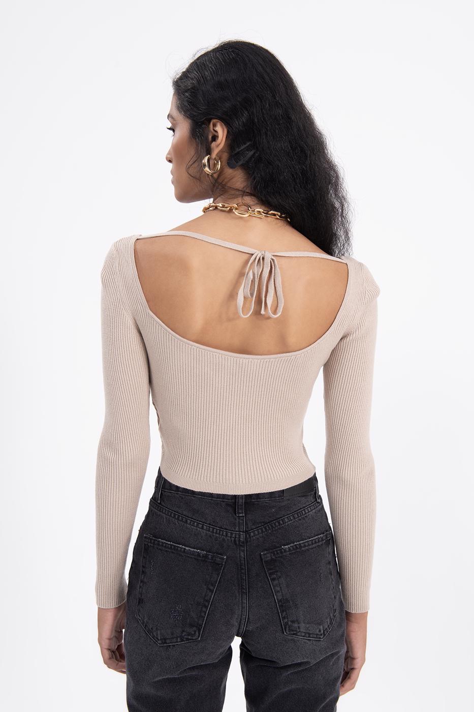 Bayan Bej Göğüs Dekolteli Triko Crop Top