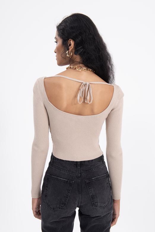 Bayan Bej Göğüs Dekolteli Triko Crop Top - BSL