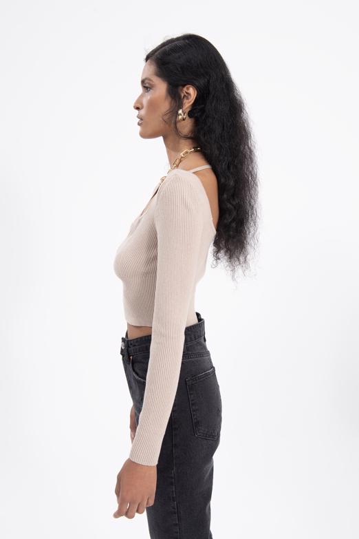 Bayan Bej Göğüs Dekolteli Triko Crop Top - BSL