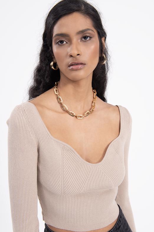 Bayan Bej Göğüs Dekolteli Triko Crop Top - BSL