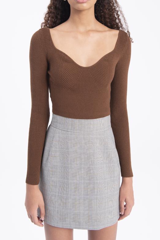 Bayan Kahverengi Göğüs Dekolteli Triko Crop Top - BSL