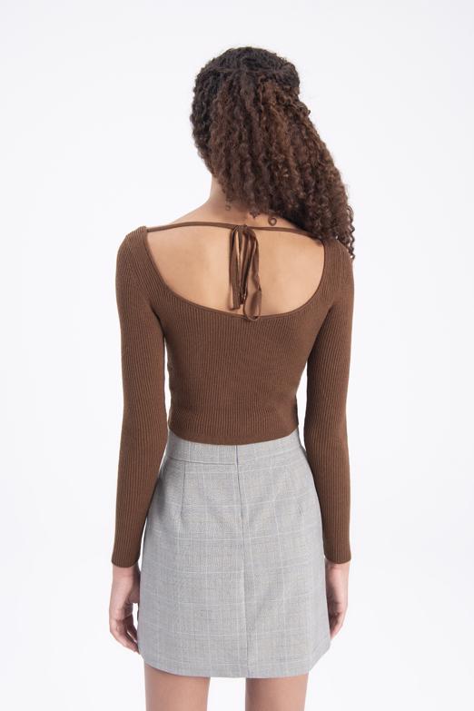 Bayan Kahverengi Göğüs Dekolteli Triko Crop Top - BSL