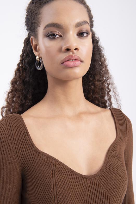 Bayan Kahverengi Göğüs Dekolteli Triko Crop Top - BSL