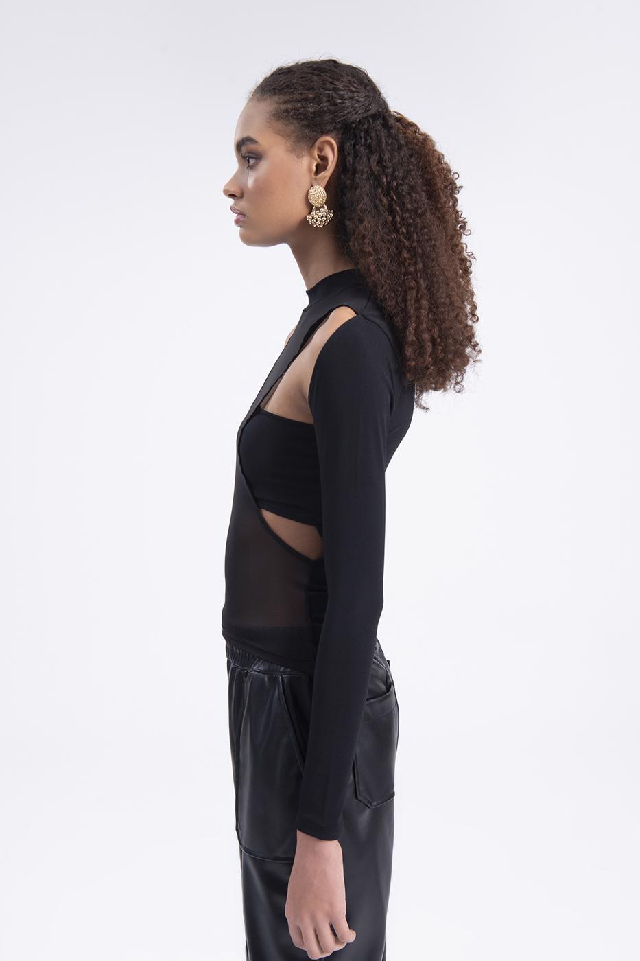 Bayan Siyah Ön Parça Tül Detaylı Top