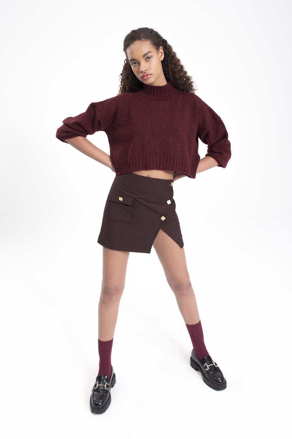 Bayan Kahverengi Düğmeli Mini Etek