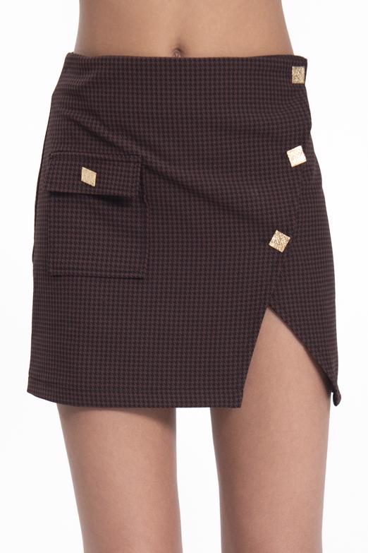Bayan Kahverengi Düğmeli Mini Etek - BSL
