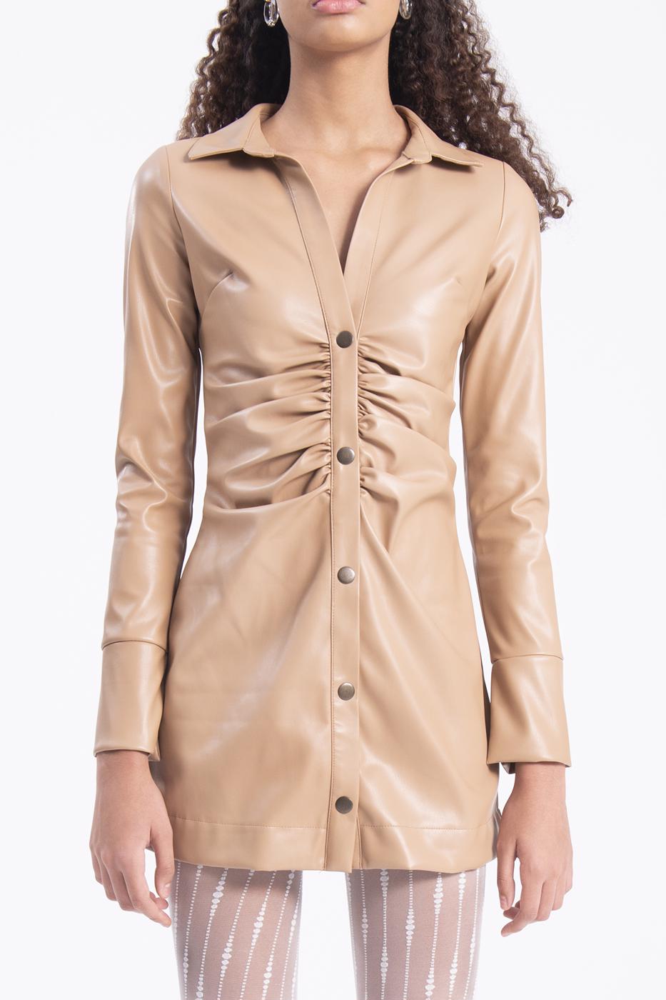 Bayan Camel Drapeli Suni Deri Gömlek Elbise