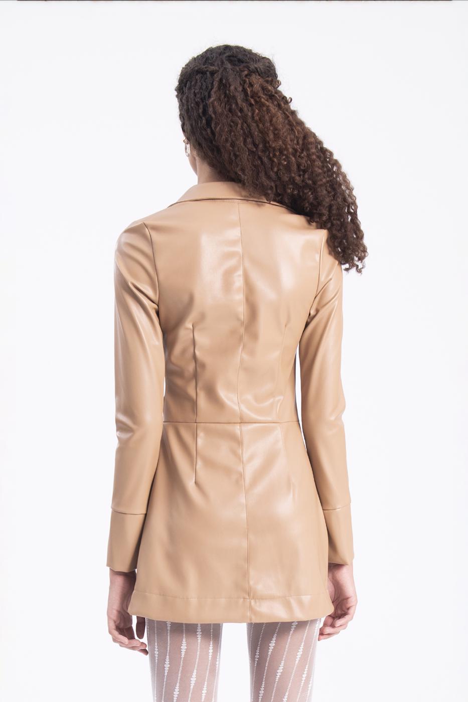 Bayan Camel Drapeli Suni Deri Gömlek Elbise