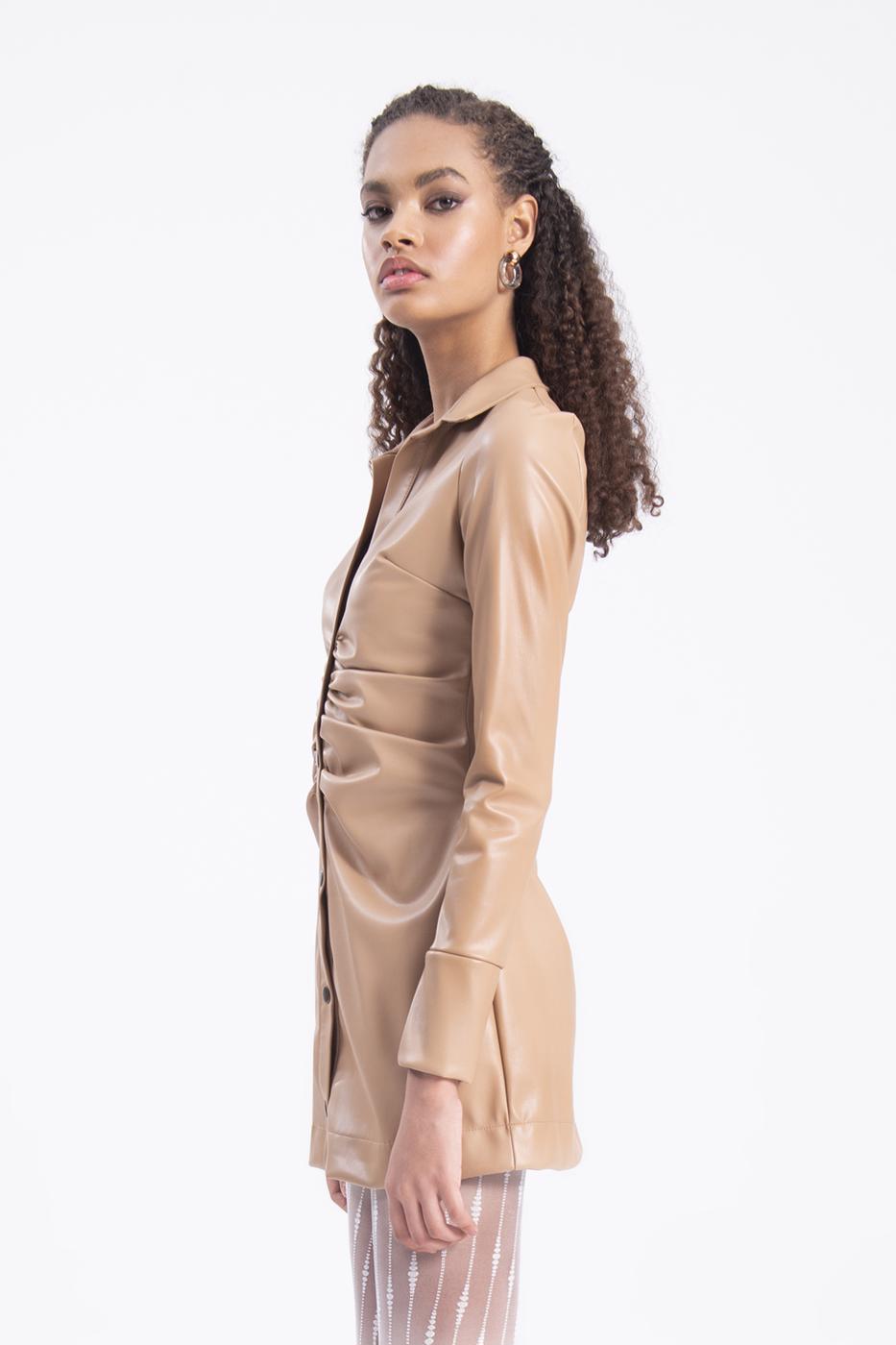 Bayan Camel Drapeli Suni Deri Gömlek Elbise