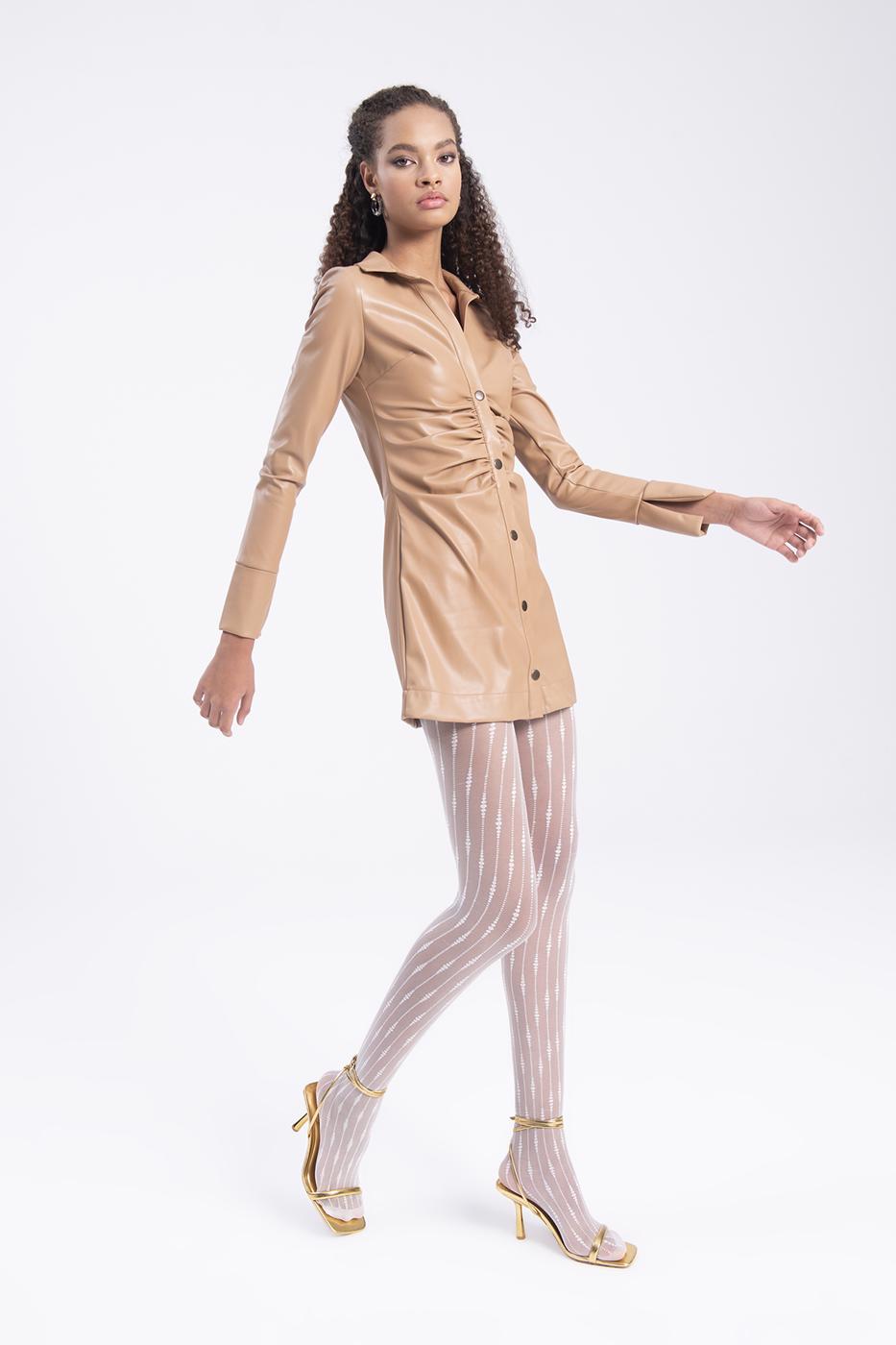 Bayan Camel Drapeli Suni Deri Gömlek Elbise