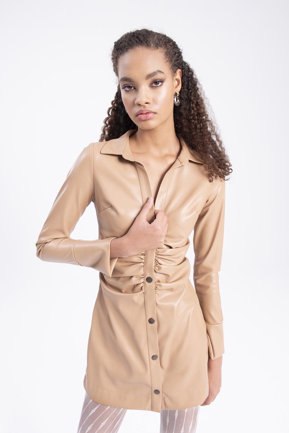 Bayan Camel Drapeli Suni Deri Gömlek Elbise