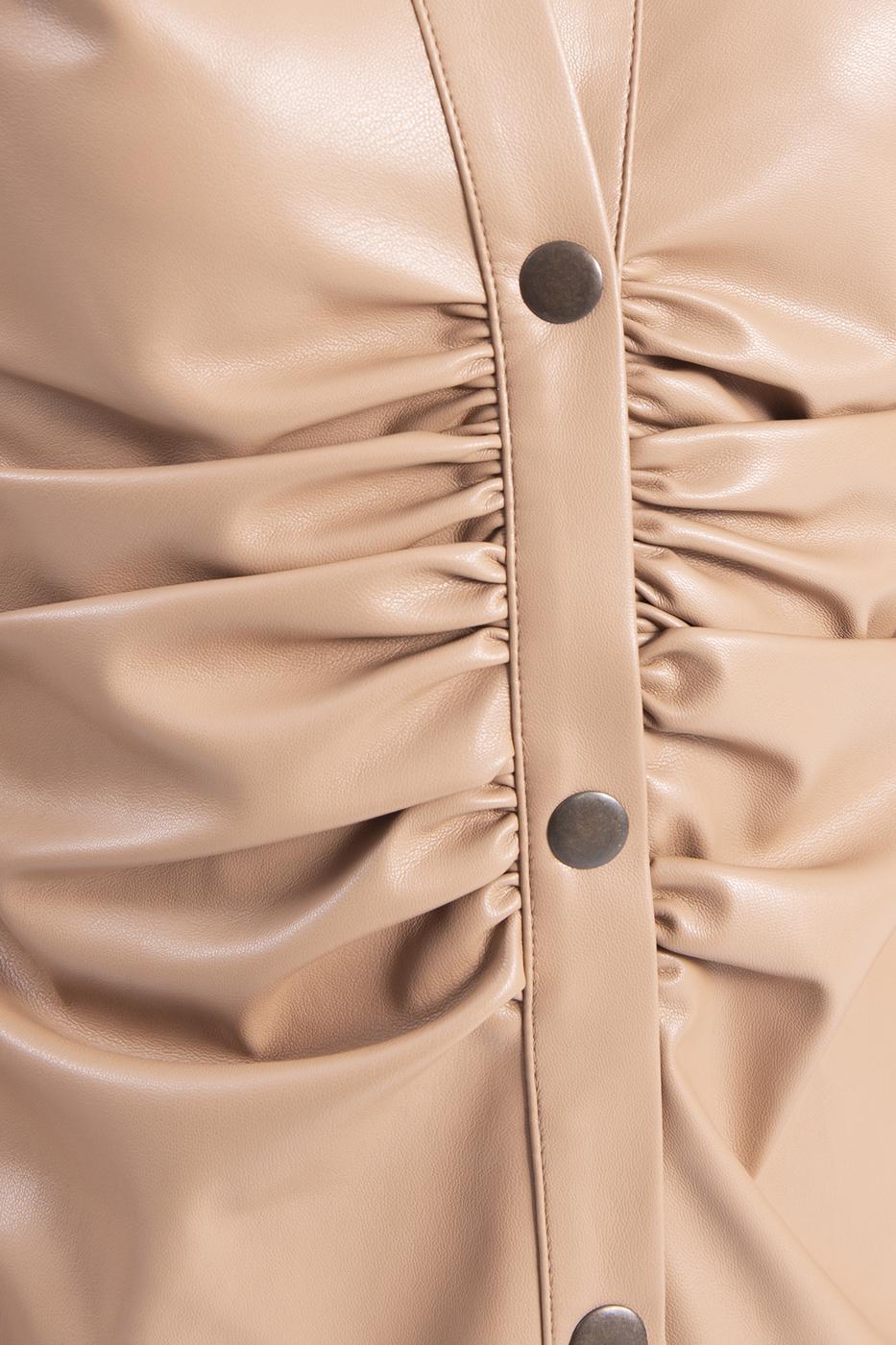 Bayan Camel Drapeli Suni Deri Gömlek Elbise