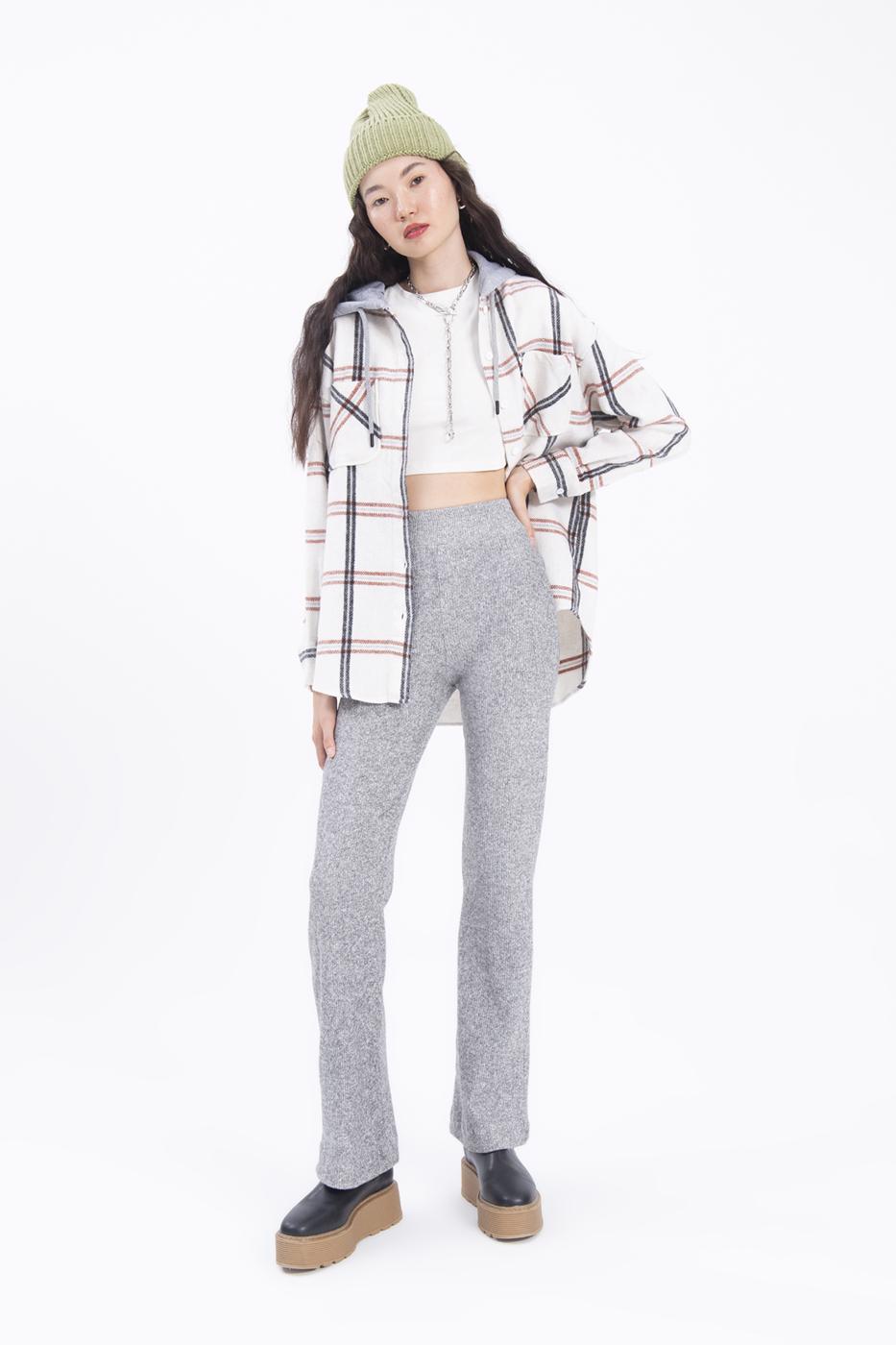 Bayan Gri Beli Lastikli Boru Paça Pantolon