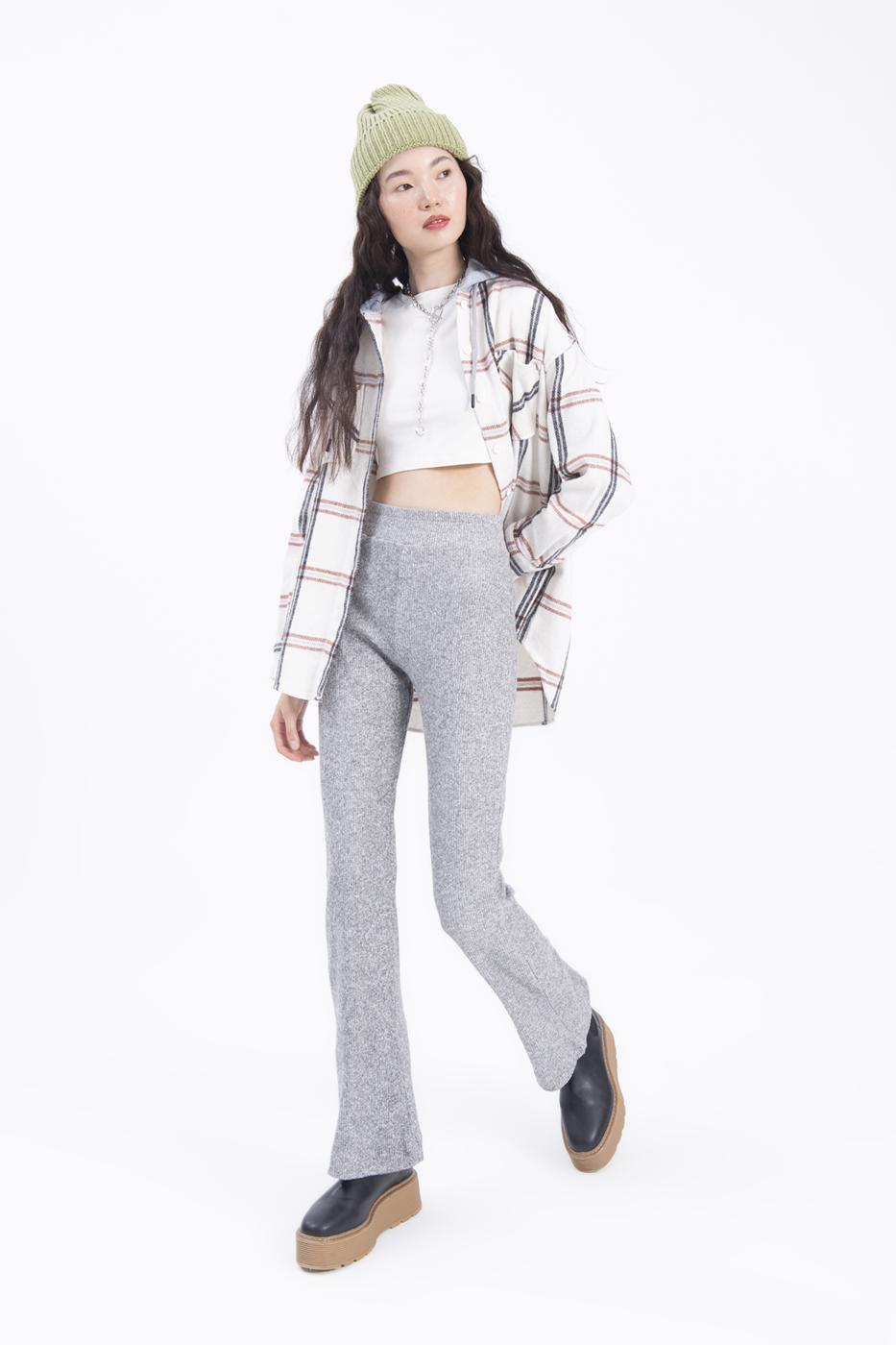 Bayan Gri Beli Lastikli Boru Paça Pantolon