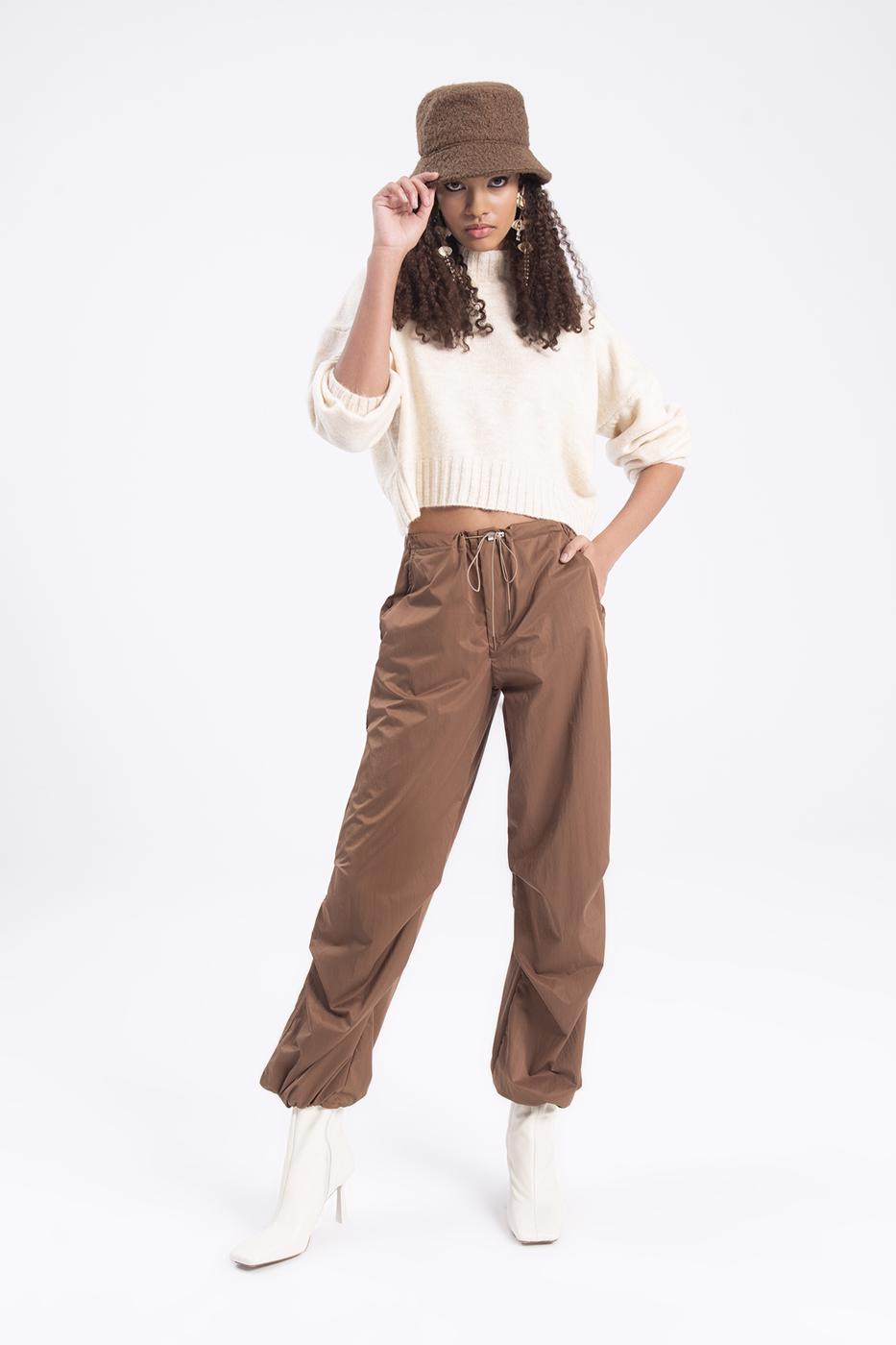 Bayan Kahverengi Düşük Bel Paraşüt Kargo Pantolon